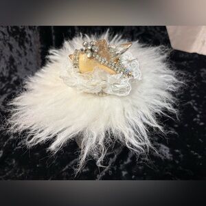 Luxury Powder Puff Real Seashell  Vtg Look W Footed Glass Holder Soft  Handmade